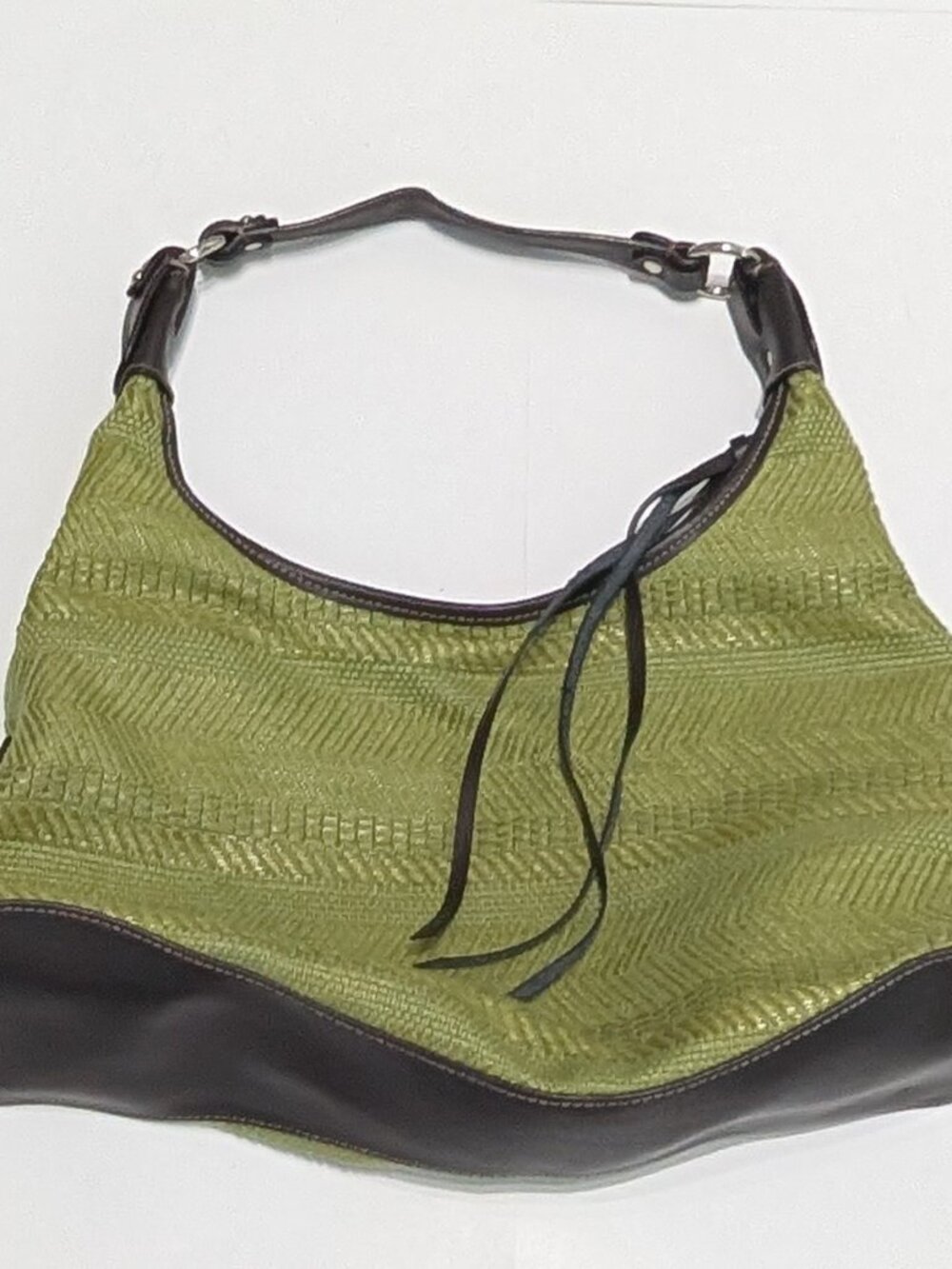 Worthington Green Cotton Woven Hobo Shoulder Bag with Brown Leather Accents